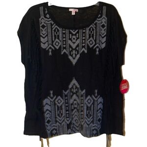 Sears Black and Gray Graphic Boxy Blouse with Fringe, Short Sleeve